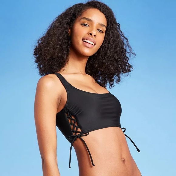 Xhilaration Juniors' Lace-Up Longline Bralette Bikini Top Black - Picture 3 of 5